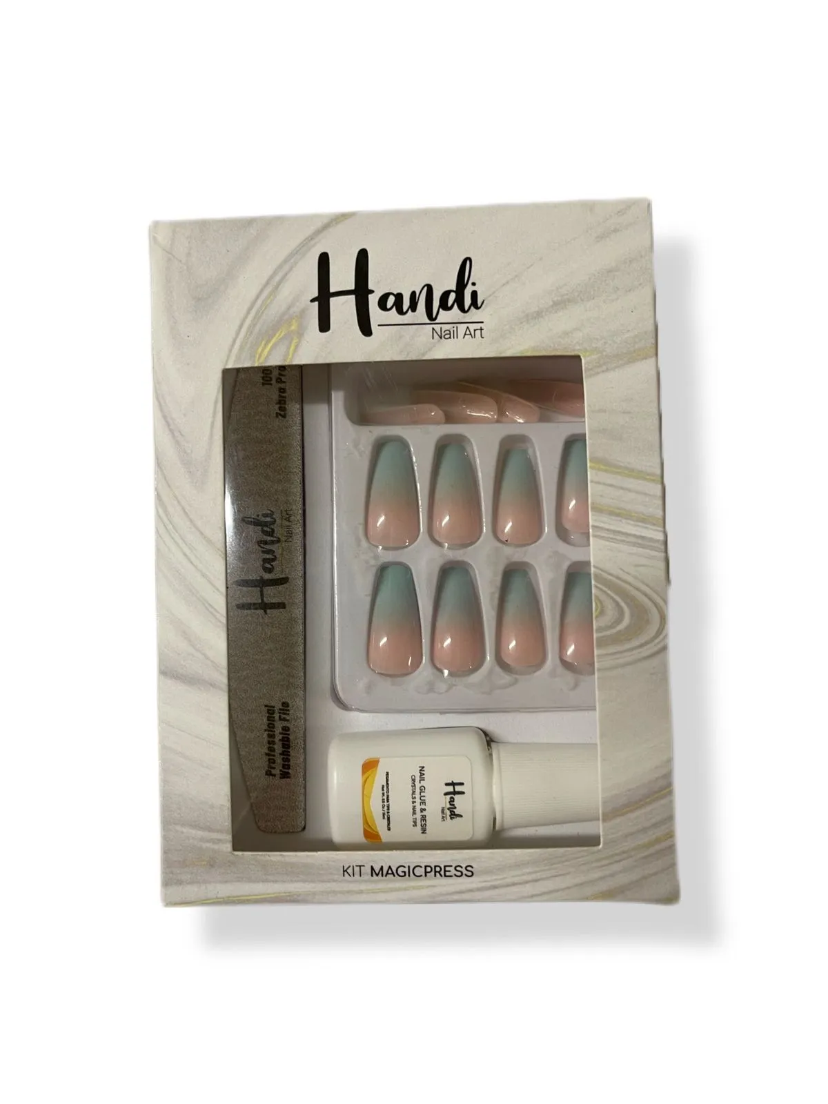 Kit Press On Nails (Larga Duración) Handy Nails Punta Coffin Baby Color Celeste